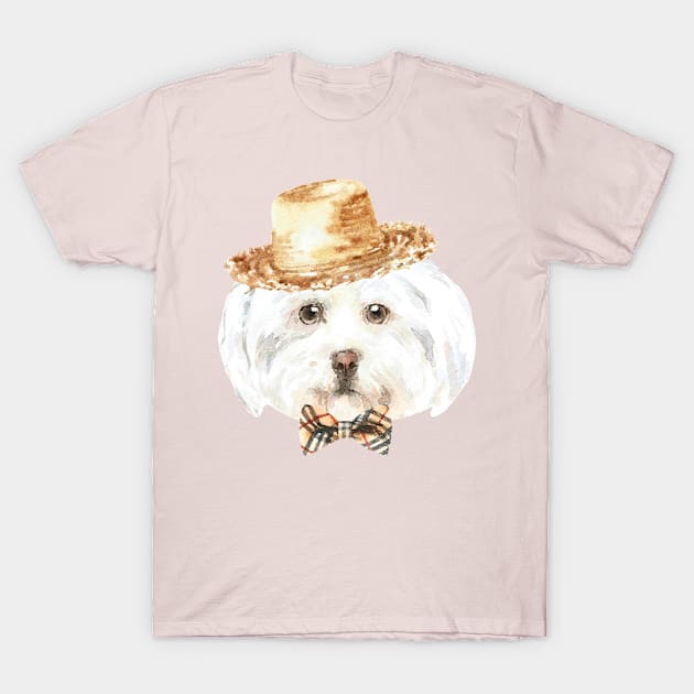 Shih Tzu Wearing Straw Hat and Bowtie T-Shirt by LaarniGallery